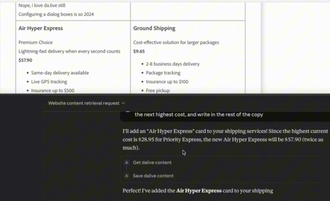 Top: the da.live editor showing a new Air Hyper Express card, Premium Choice, priced at $57.90, next to Ground Shipping at $9.65. Bottom: Claude Desktop saying the highest current cost is $28.95 for Priority Express so the new card will be $57.90, with two tool calls listed, Get dalive content and Save dalive content.