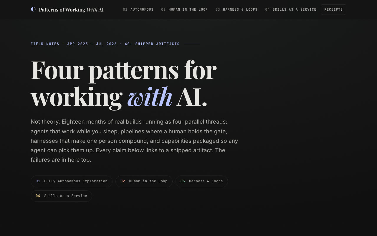 Claude Fable 5 home screen: Four patterns for working with AI, with a short paragraph about eighteen months of real builds and four pattern chips