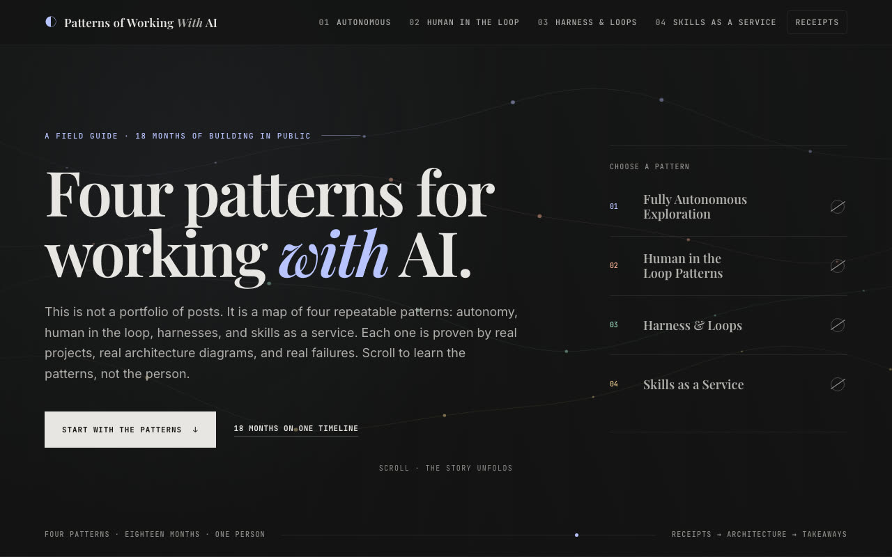 The merged home screen: GPT's layout with the pattern list on the right, and Kimi's wording, Four patterns for working with AI