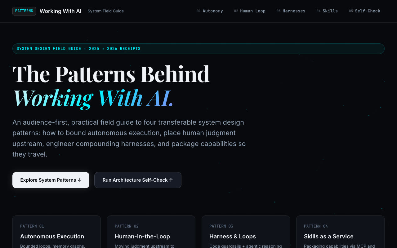 Gemini 3.5 Flash home screen: The Patterns Behind Working With AI, with two buttons and four pattern cards