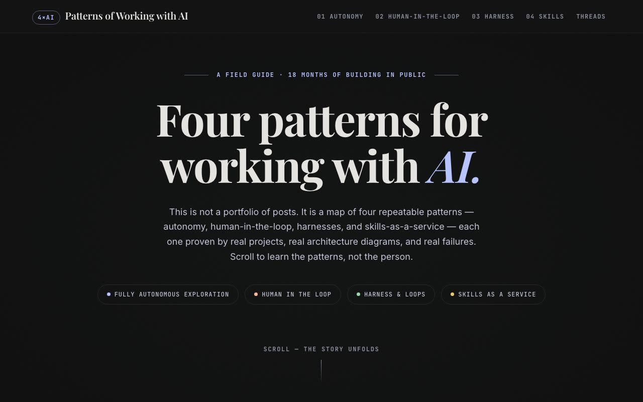 Kimi K3 home screen: Four patterns for working with AI, centered, with four pattern chips below