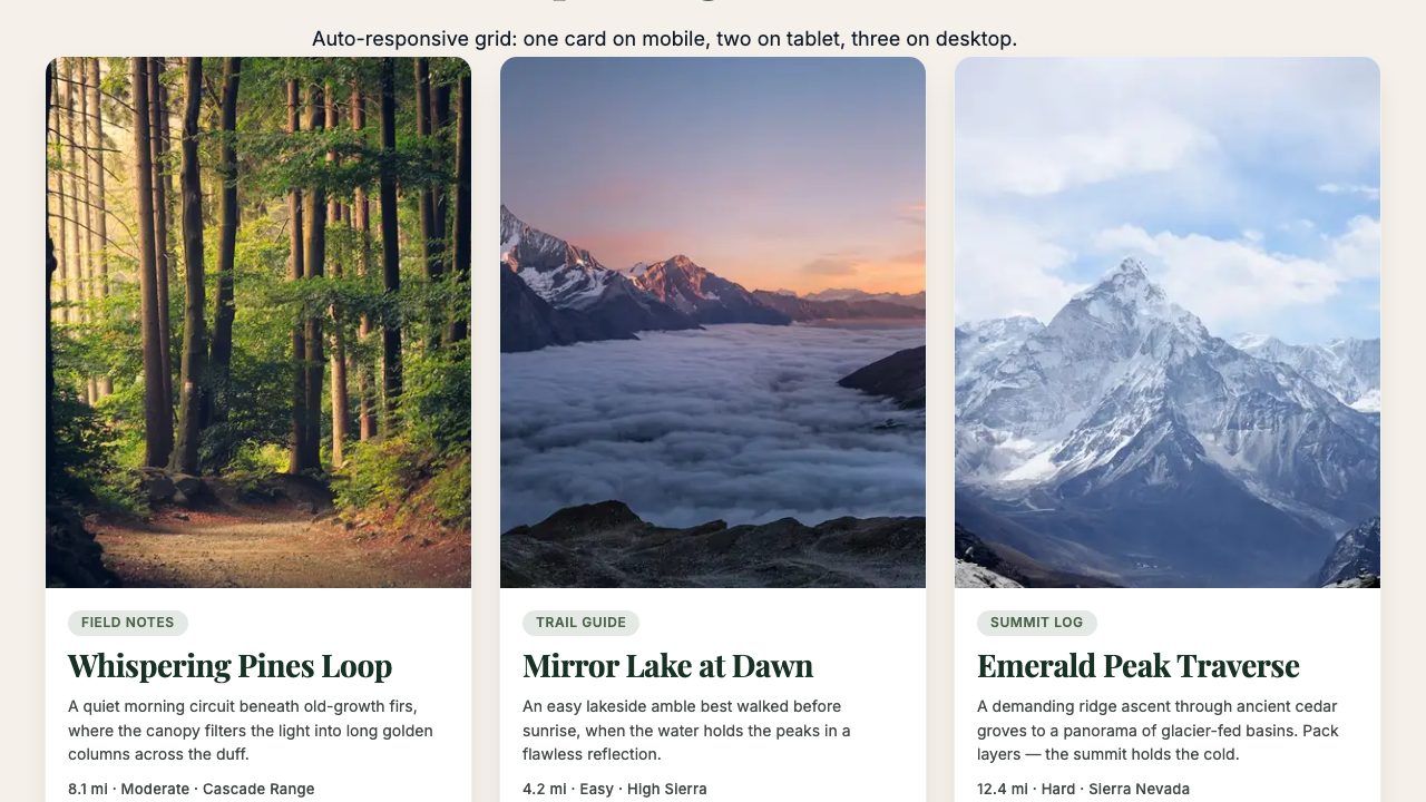Cards block, V0: a three-column grid of trail cards with photos, small category chips and serif headings, Whispering Pines Loop, Mirror Lake at Dawn, Emerald Peak Traverse