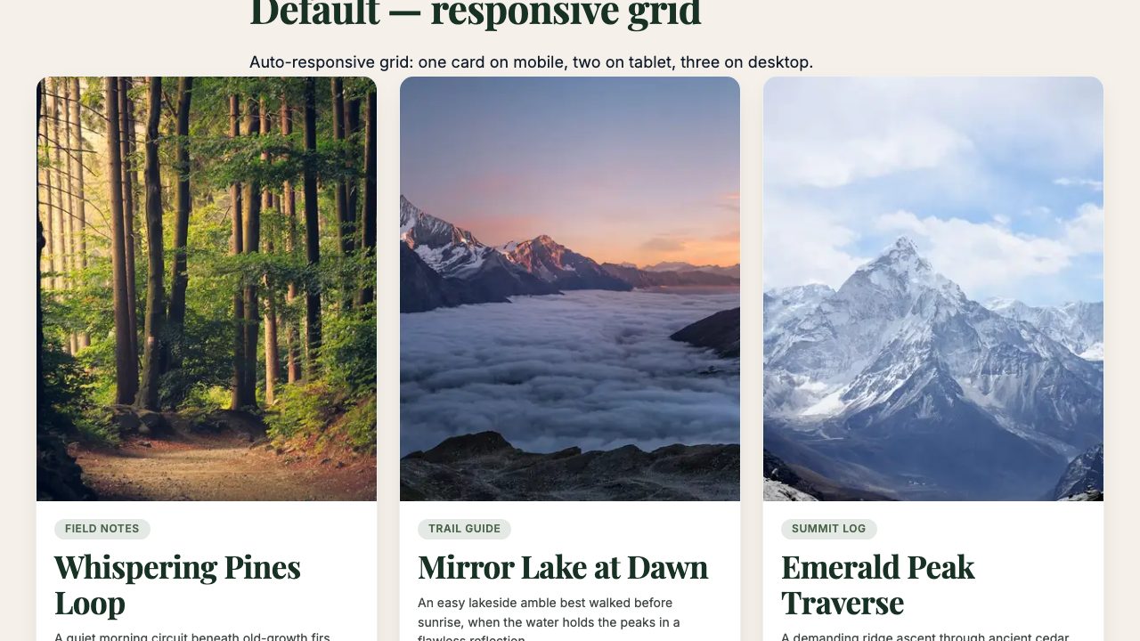 Cards block, V1: the same three trail cards with nearly the same layout and slightly larger headings
