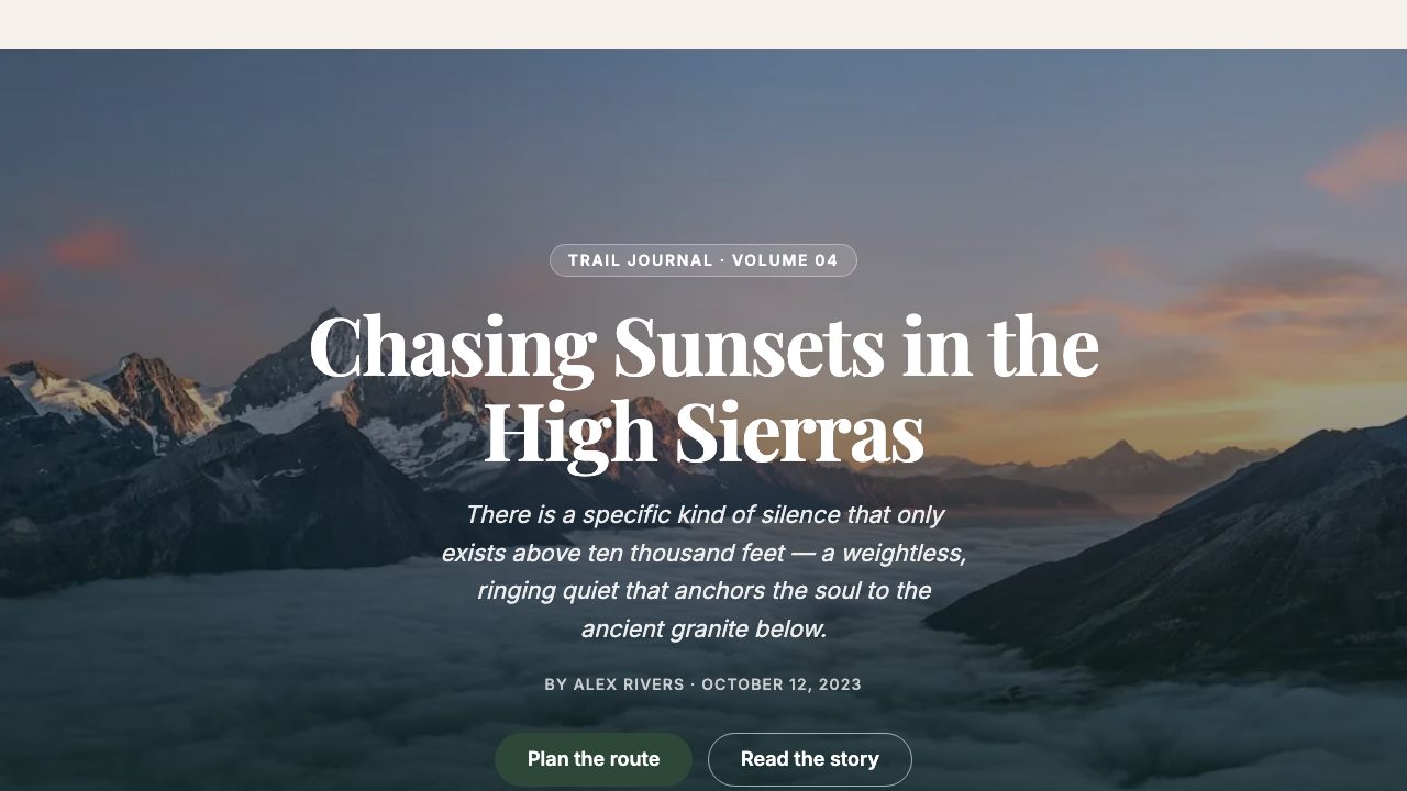 Hero block, V1 from Stardust: the same photo and centered serif headline with a darker scrim and slightly different spacing