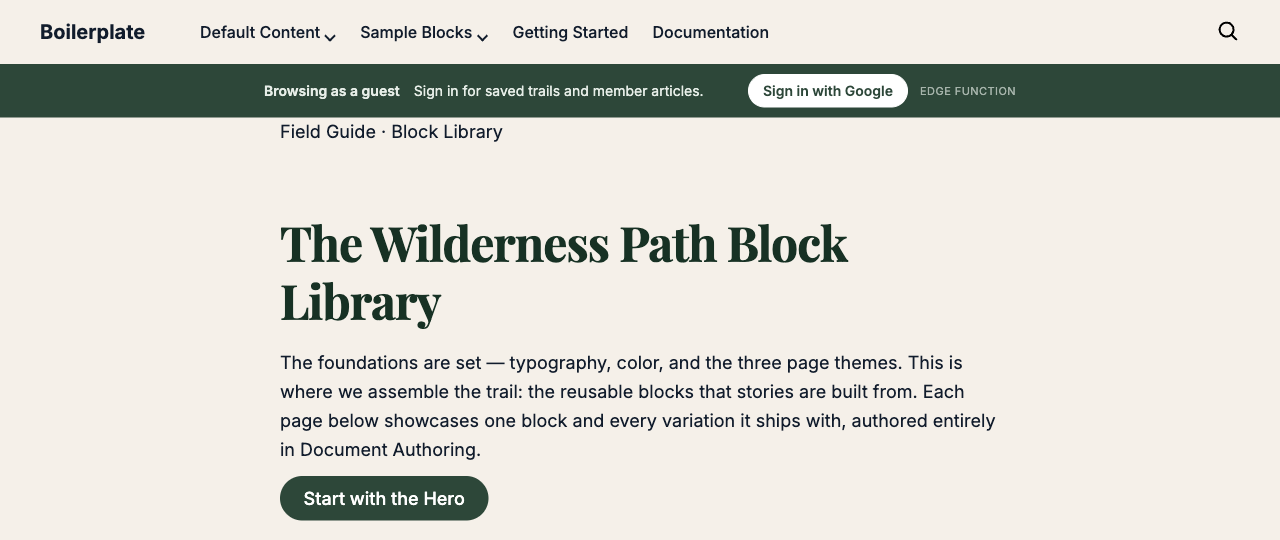 The Block Library page with the green guest bar under the navigation and the page content in its normal place