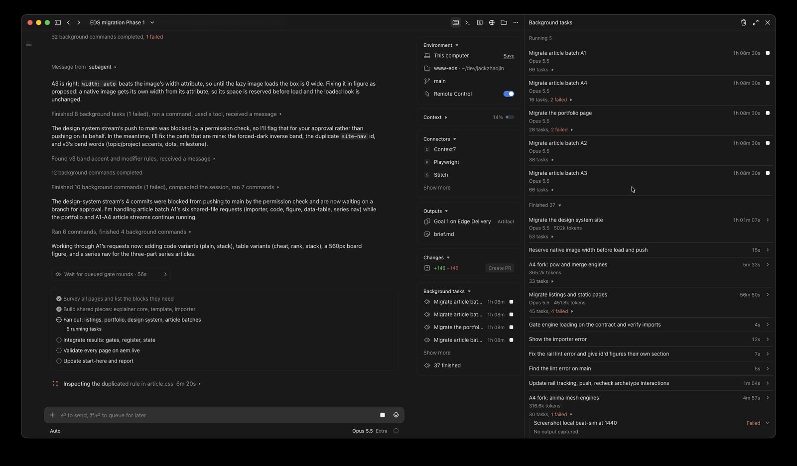 The same session hours later, with the article batches and the portfolio stream still running and the finished task count growing