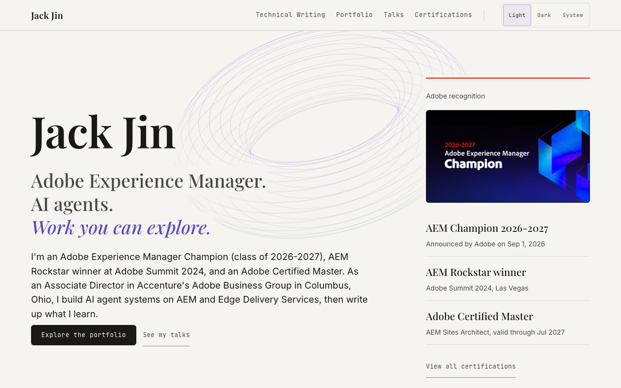 The same home page on Edge Delivery Services in light mode, with the same type, layout and Adobe recognition column